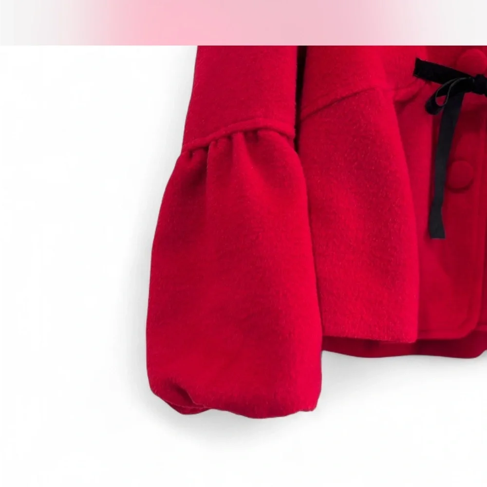 Vintage Red Peplum‎ Coat Jacket Velvet Bow Detail Romantic Statement Size S